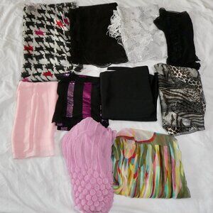 SUPER LOT OF 10 SHAWLS SCARVES - MANY DIFFERENT STYLES & FABRICS DRESSY, CASUAL